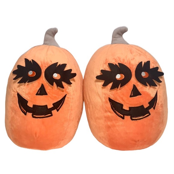 Halloween Smiling Carved Pumpkin Shaped Orange & Black Plush Accent Pillows - Picture 1 of 6